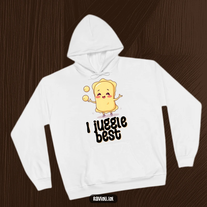 Funny ravioli character artistically juggling three delicious cheese balls, printed on a comfortable hoodie for cozy laughs.