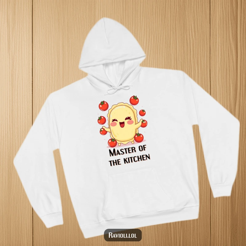 Soft, warm hoodie with a funny ravioli character winking and juggling tomatoes, perfect for cozy food-loving moments.