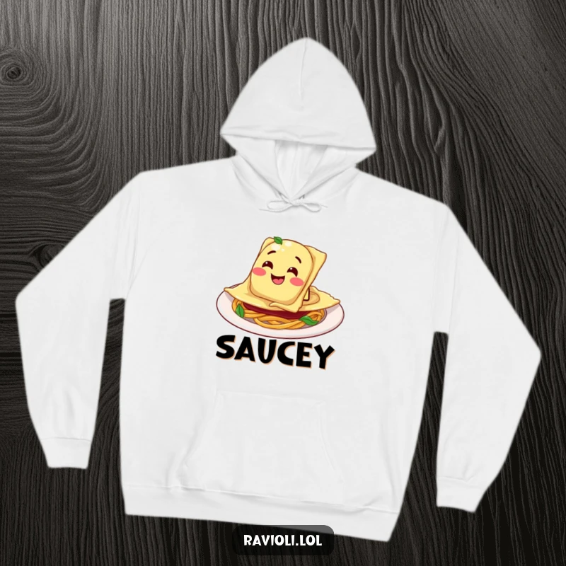Funny Ravioli Plate Hoodie: Ravioli character sliding into a plate with a goofy grin, offering warmth and pasta-themed humor.