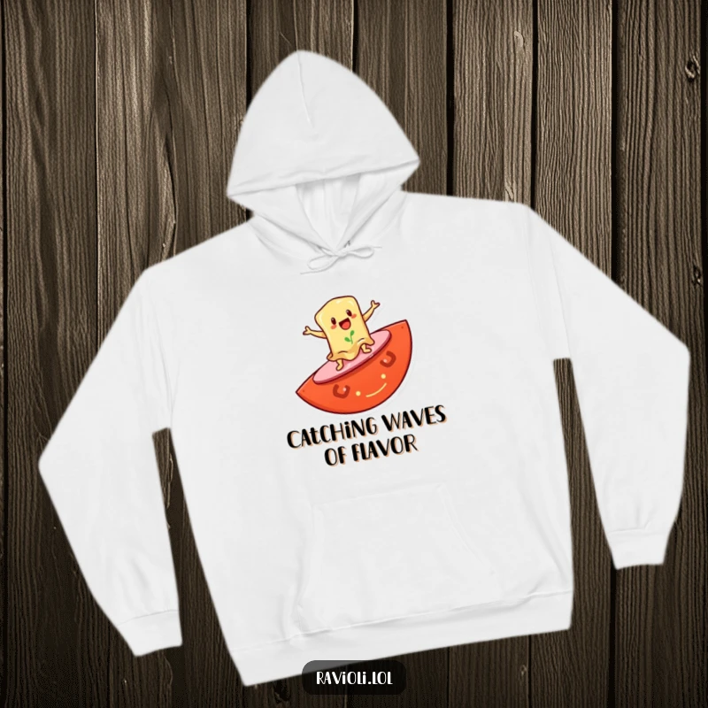 Funny hoodie with a happy ravioli character surfing on a giant tomato slice, offering warmth and humor for food and surf enthusiasts.