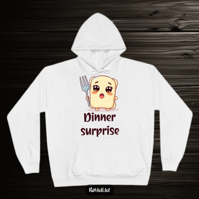 Funny ravioli character with wide surprised eyes holding a giant fork, cozy hoodie, pasta shock humor, perfect funny gift.