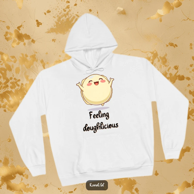 Funny hoodie with a plump, round ravioli character joyfully bouncing, ideal for warmth and spreading happiness.