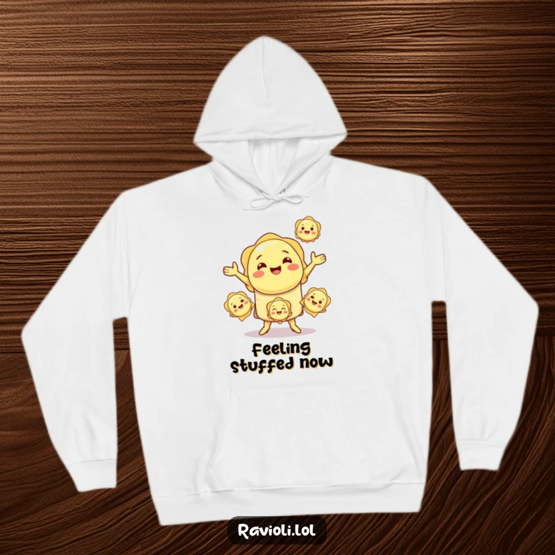 Funny smiling ravioli character juggling smaller ravioli, a cozy and humorous hoodie design.