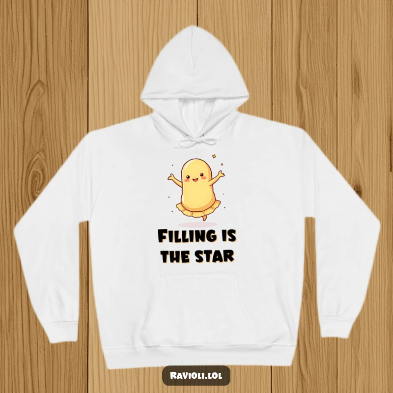 Funny Hoodie: A ravioli performs a silly pirouette with spinning filling, creating a humorous and cozy piece for dancers and pasta enthusiasts.