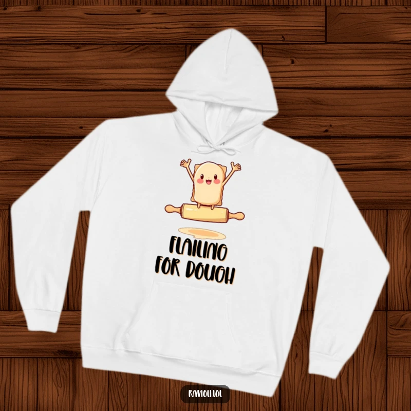 Funny ravioli character flailing arms on a rolling pin, cozy hoodie, pasta acrobatics humor, perfect funny gift.