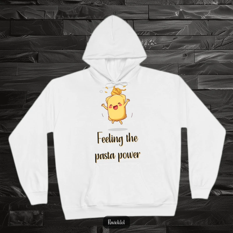 Funny cartwheeling ravioli hoodie showing a ravioli character performing a cartwheel with pasta steam, perfect for warmth.