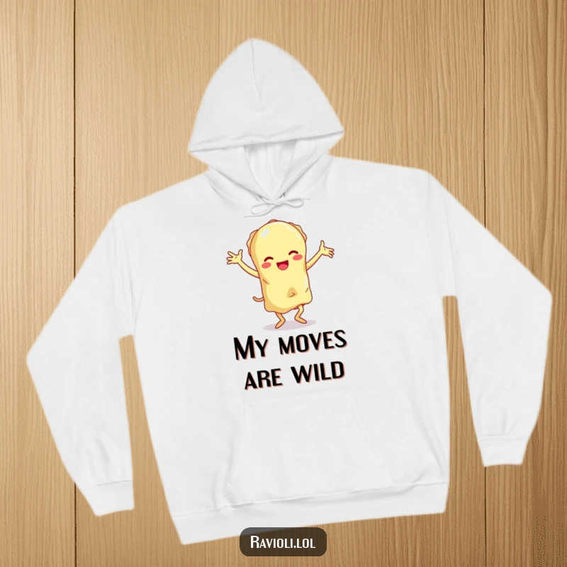 Funny ravioli character with floppy limbs doing a clumsy dance, a humorous and warm hoodie.