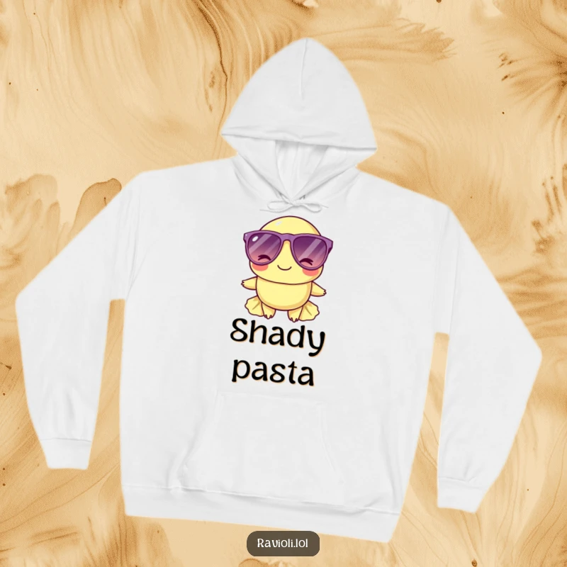 Funny ravioli character in oversized sunglasses, winking, featured on a comfortable hoodie for a cool, stylish look.