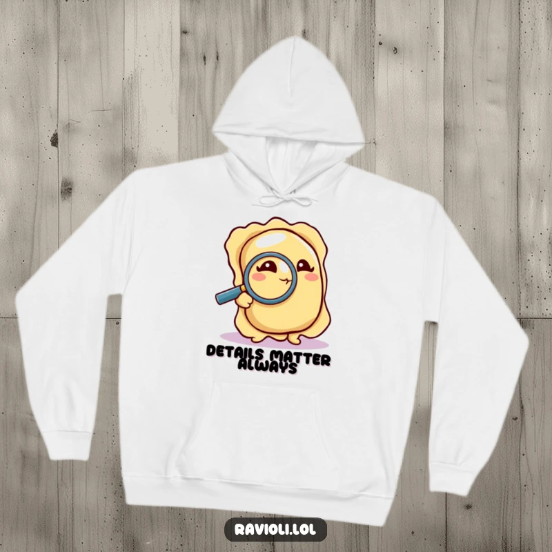Funny Hoodie: A ravioli uses a magnifying glass to inspect a crumb, creating a humorous and cozy piece for any food detective.