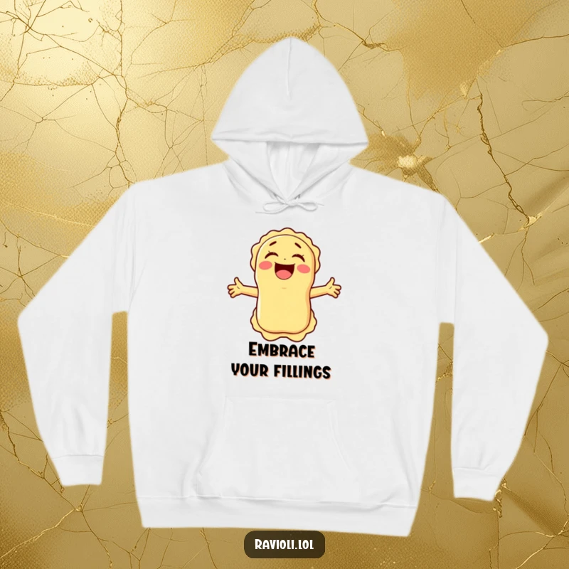 Soft, humorous ravioli character laughing with arms wide open, featured on a cozy hoodie for ultimate comfort and cheer.