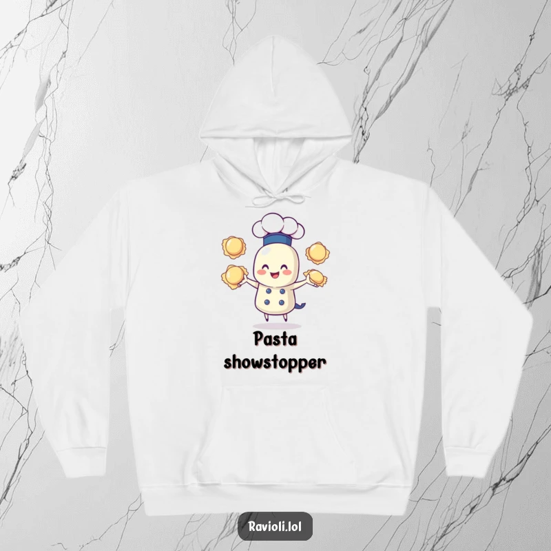 Funny hoodie displaying a ravioli character wearing a chef hat, happily juggling three ravioli, a warm and humorous design.