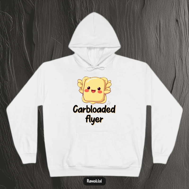 Funny ravioli hoodie depicting a pasta with tiny wings trying to fly, showcasing a humorous and cozy design.