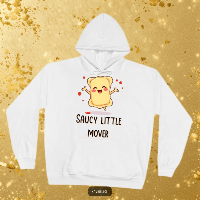 Funny hoodie design featuring a happy ravioli character dancing enthusiastically, surrounded by dynamic sauce splatters, embodying Italian culinary joy.