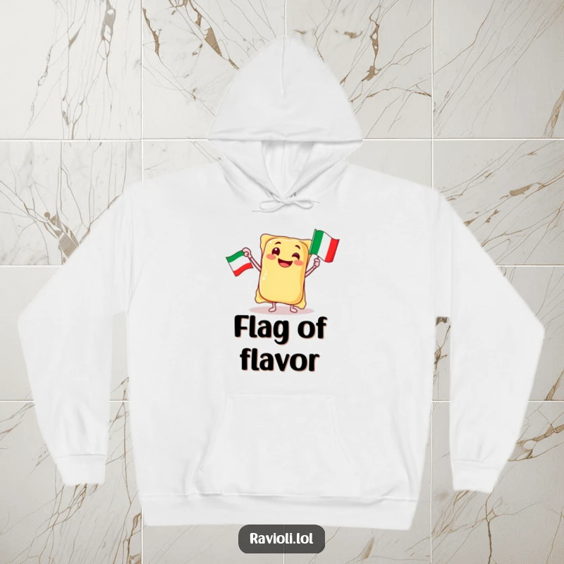 Funny jubilant ravioli character waving an Italian flag, on a warm and humorous hoodie, great gift.