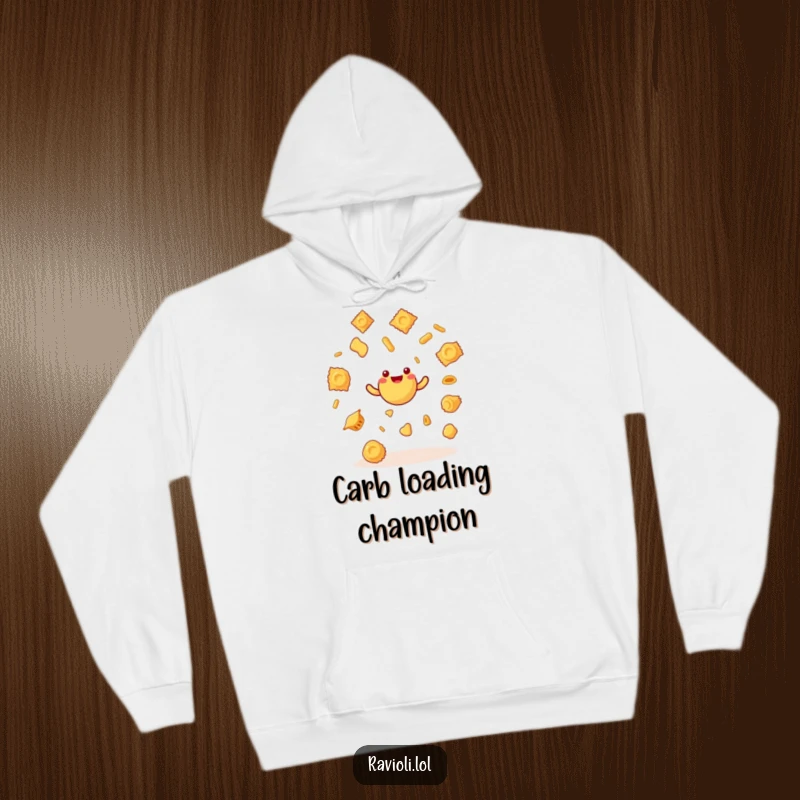 Cozy funny ravioli character juggling tiny pasta shapes, depicted on a warm hoodie, offering a humorous and delightful visual.