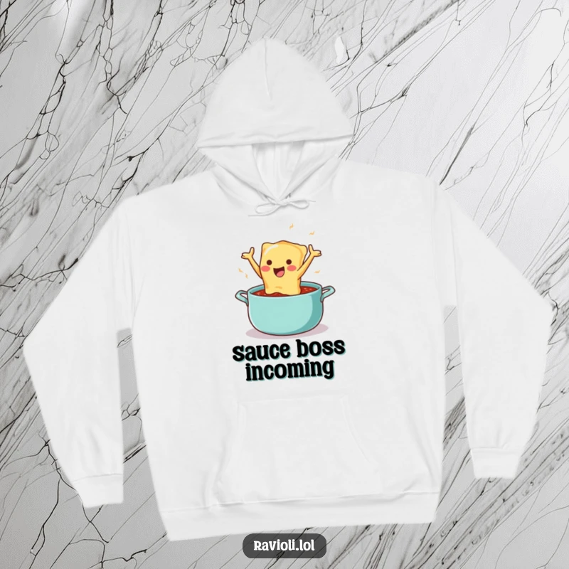 Funny hoodie graphic of a delighted ravioli character leaping headfirst into a delicious pot of sauce, a humorous food adventure.