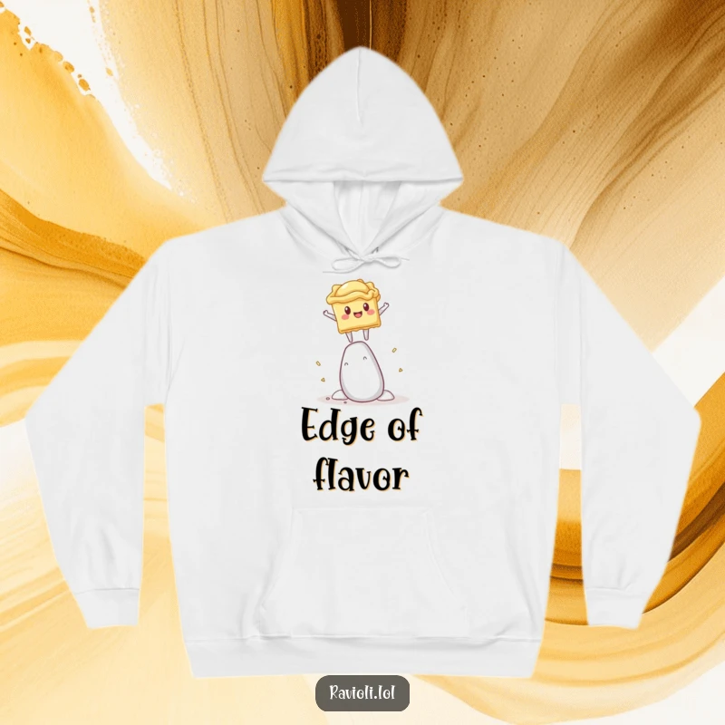 Funny hoodie showcasing a ravioli character's precarious balance on a giant salt shaker, perfect for cozy humor.