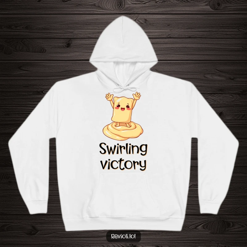 Funny hoodie graphic of a ravioli hero striking a triumphant pose on a luscious swirl of creamy sauce, exuding victory.