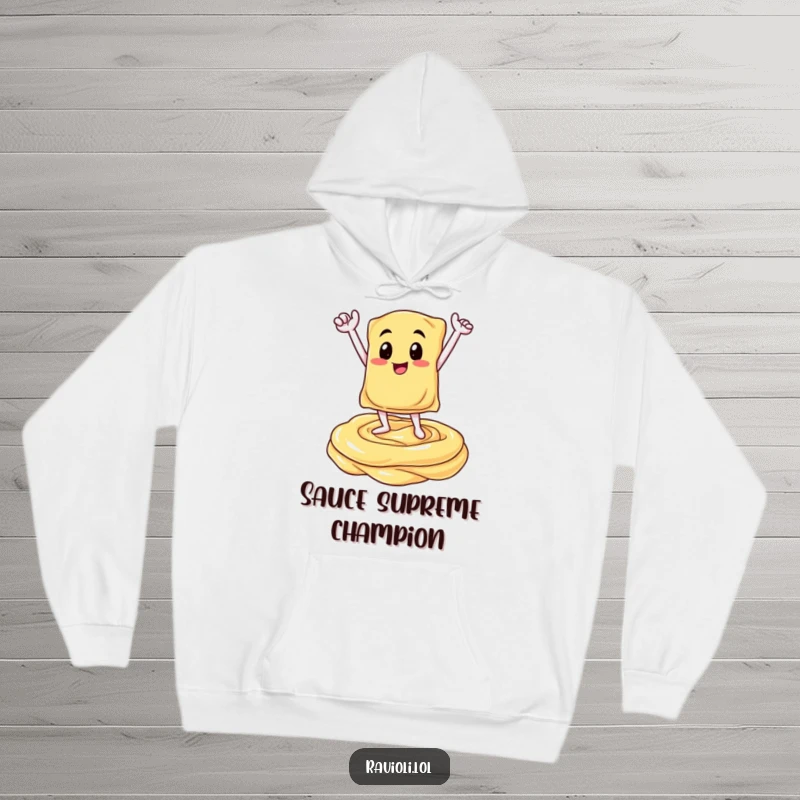 Funny hoodie design showcasing a ravioli character in a triumphant pose atop a creamy sauce swirl, celebrating Italian cuisine with cozy warmth and humor.