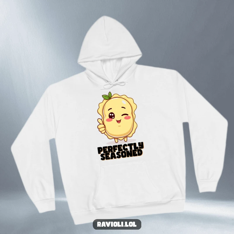 Funny ravioli character exuding confidence with a wink and a thumbs up, a warm and funny hoodie.