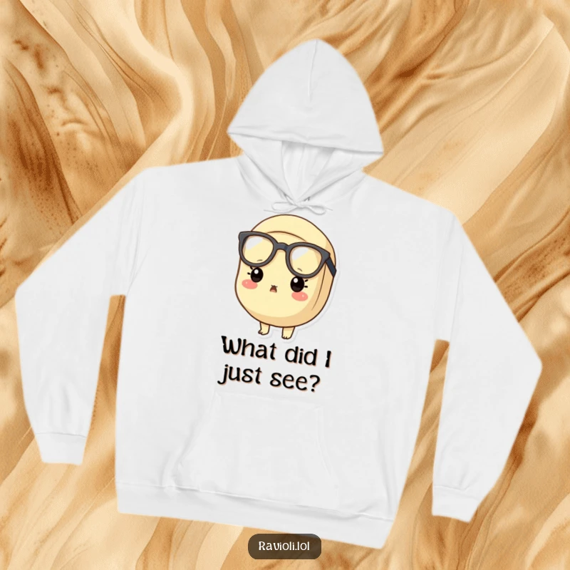 Funny surprised ravioli hoodie showing a ravioli character in oversized glasses with a shocked expression, perfect for comfort.