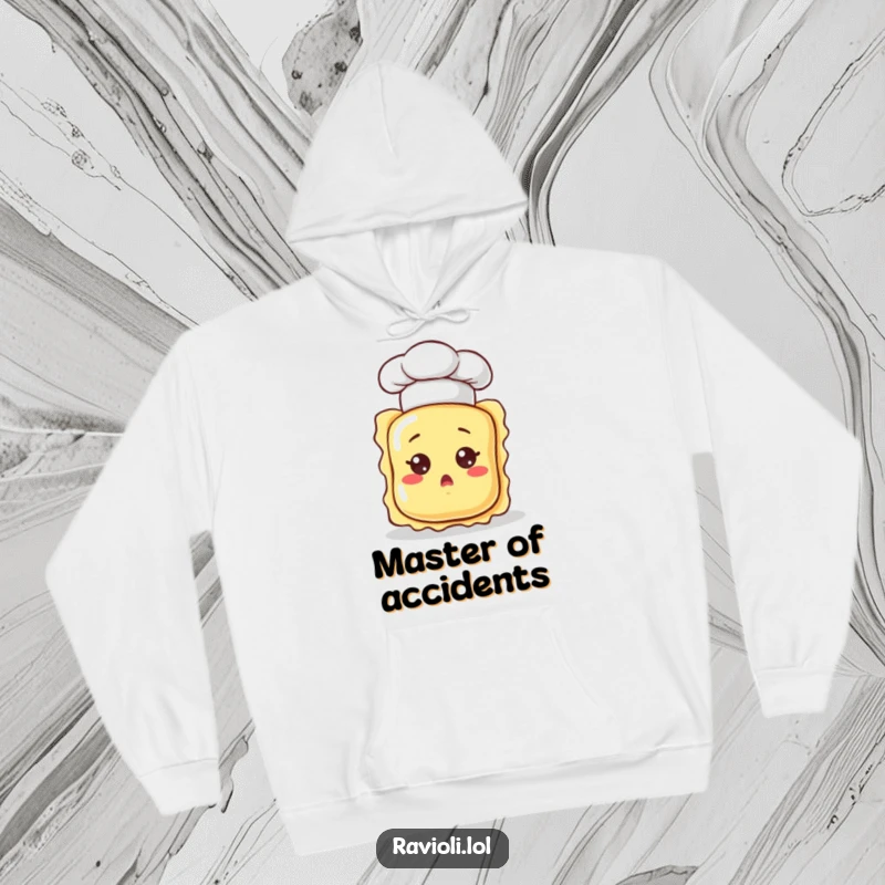 Cozy funny ravioli character in a chef hat, looking surprised, featured on a warm hoodie for ultimate comfort and cheer.