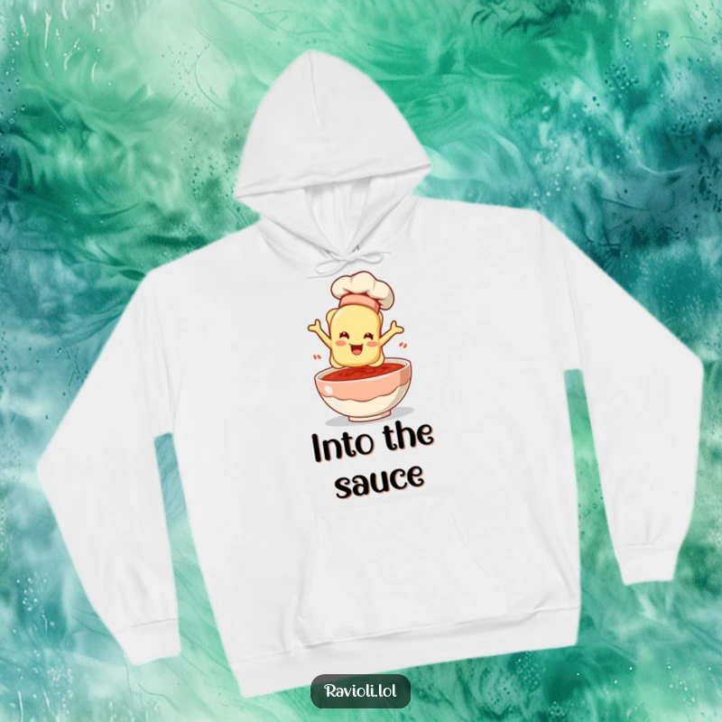Funny ravioli in a chef hat leaping into sauce on a comfortable hoodie, a perfect humorous culinary gift.