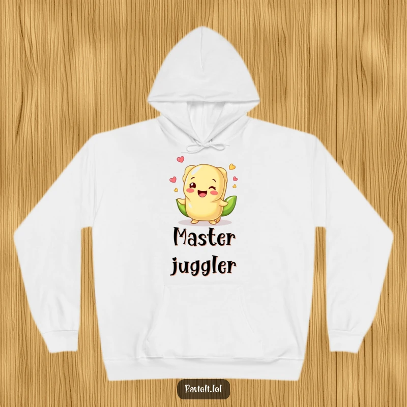 Funny ravioli character juggling peas, looking delighted, on a soft hoodie, perfect for cozy, humorous lounging and outdoor wear.