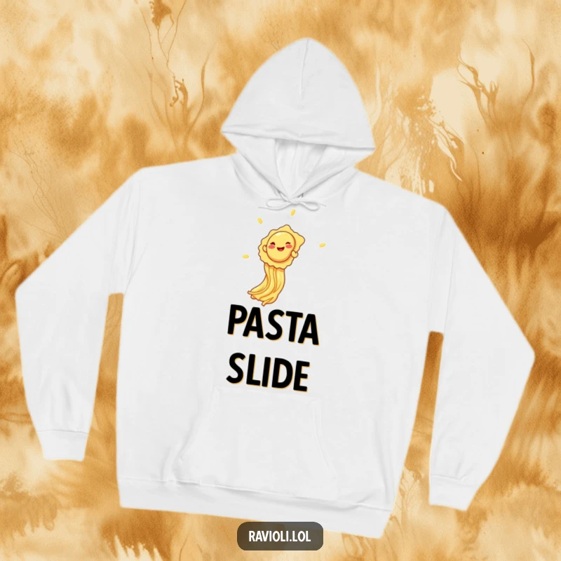 Funny giggling ravioli sliding down spaghetti on a comfortable hoodie, a perfect humorous and cozy gift.