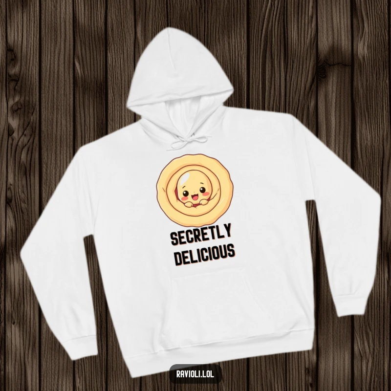 Funny ravioli character peeking from behind a large dough swirl, a comfortable and funny hoodie.