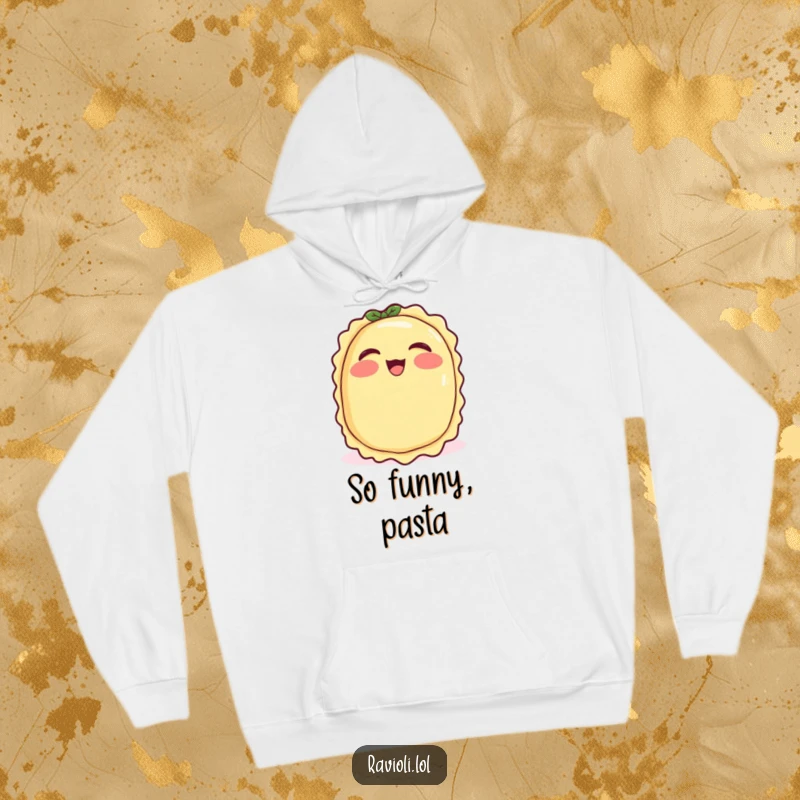 Funny ravioli with rosy cheeks giggling, cozy hoodie with a joyful Italian food character, excellent funny gift.