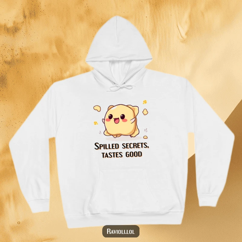 Funny tripping ravioli hoodie showing a ravioli character falling, with its filling spilling out playfully.