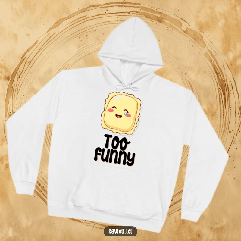 Soft, warm hoodie showcasing a funny ravioli character giggling intensely, with a single tear of pure mirth on its cheek.