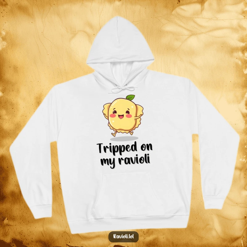 Funny ravioli character tripping comically, a warm and cozy hoodie design showing pasta humor and a clumsy, happy character.