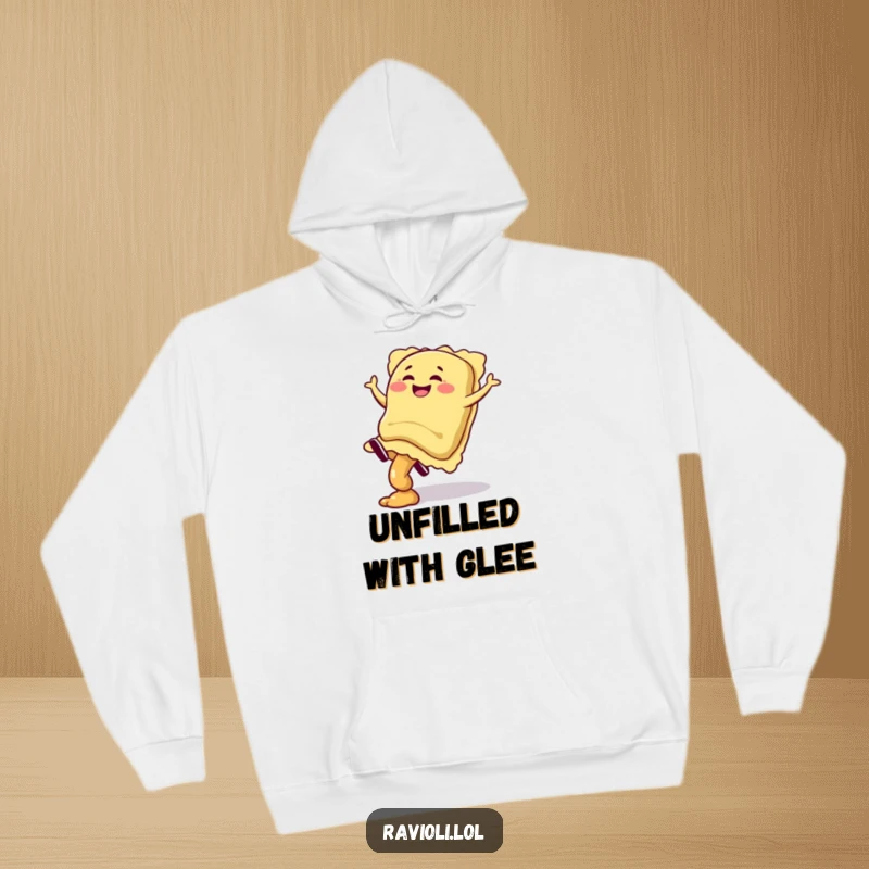 Funny giggling ravioli character doing a cartwheel with filling spilling, on a warm and humorous hoodie, great gift.
