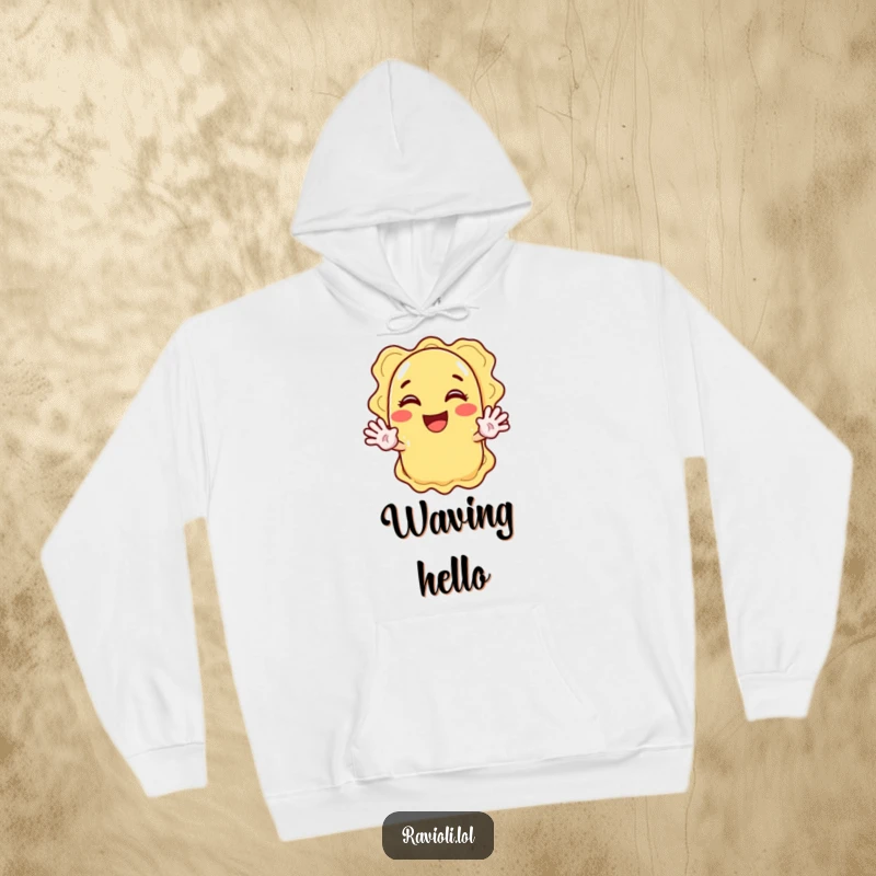 Funny ravioli character joyfully waving with both hands, a warm and funny hoodie.