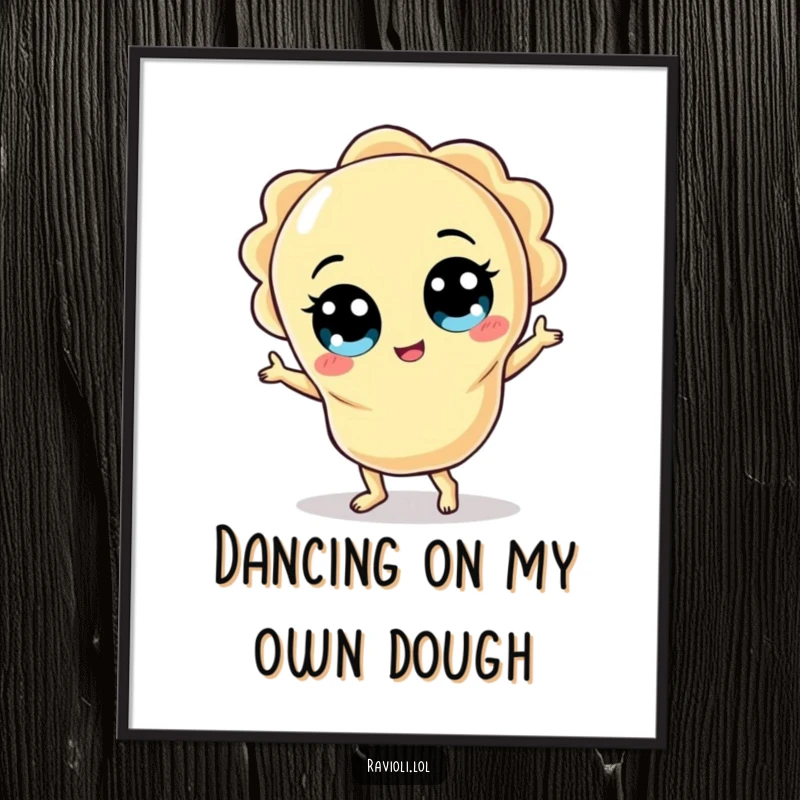 Funny Free Printable Wall Art: A ravioli character with wide eyes does a silly dance, bringing playful humor to decor.