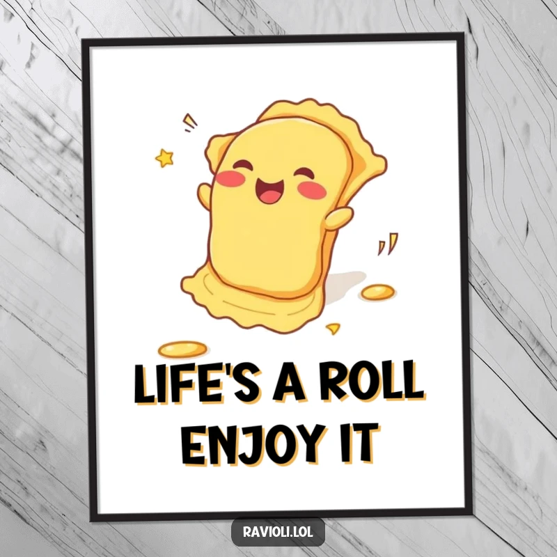 Funny Free Printable Wall Art: A ravioli rolls downhill with pure enthusiasm, creating a trail of laughter, humorous decor.