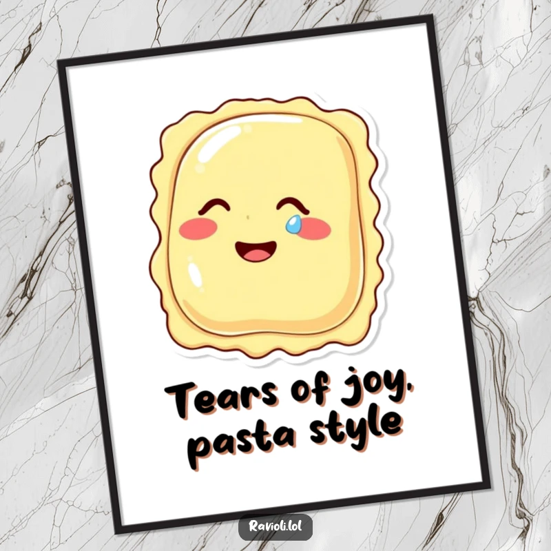 Funny Free Printable Wall Art: A ravioli character laughs with abandon, a single tear of amusement sparkling on its cheek.
