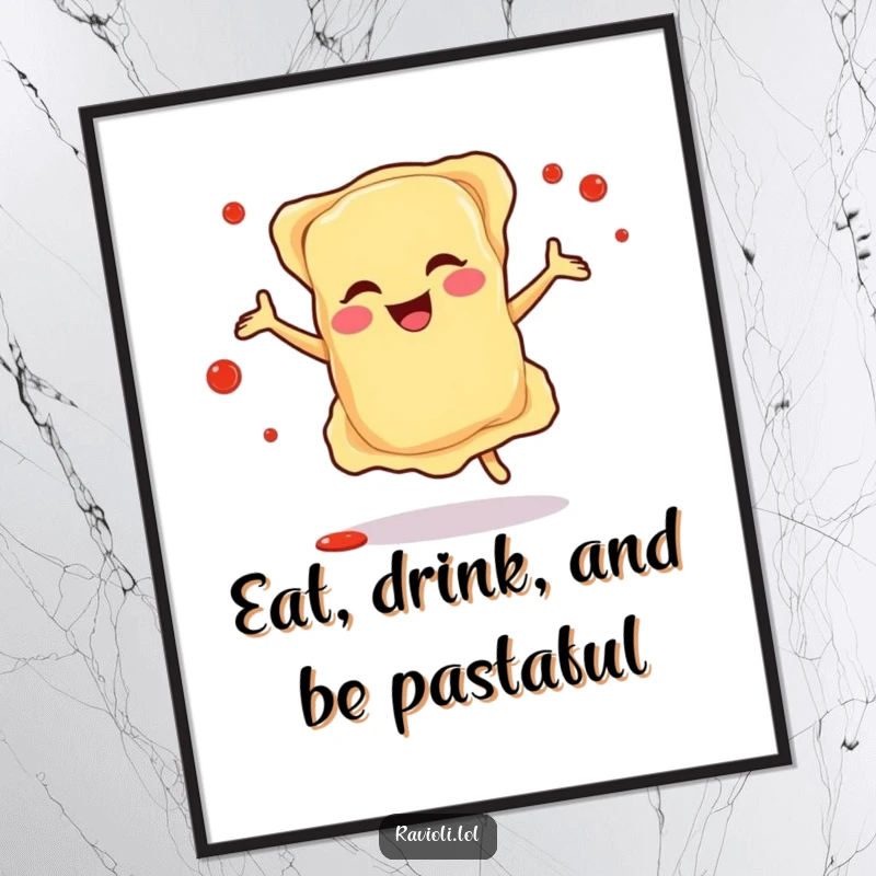 Funny free printable ravioli wall art; a happy ravioli dances with excited sauce splatters all around it.