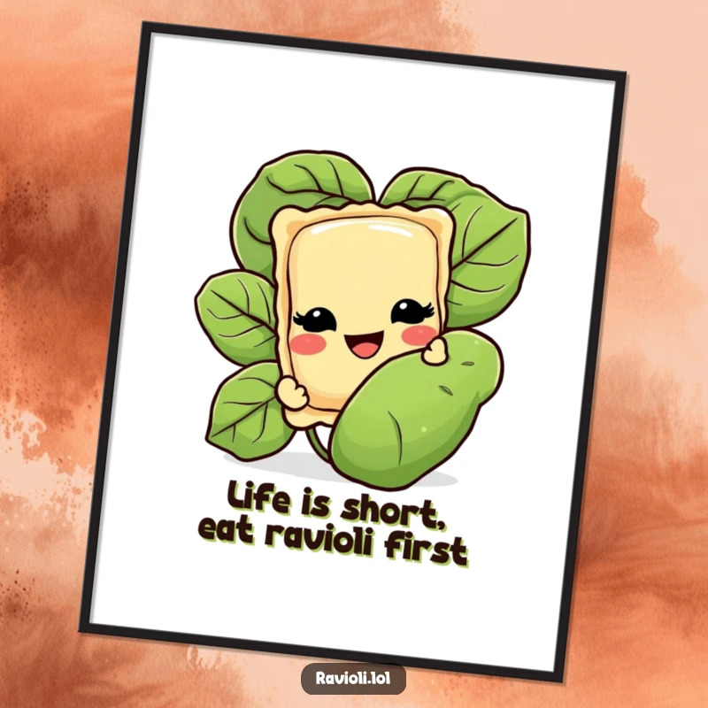 Funny free printable ravioli wall art; a mischievous ravioli grins from behind a giant basil leaf, adding foodie humor.