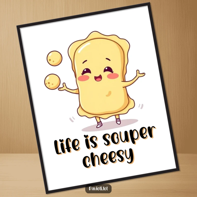 Funny Free Printable Ravioli Wall Art depicting a ravioli character lightheartedly juggling three round cheese balls, a whimsical kitchen decoration.