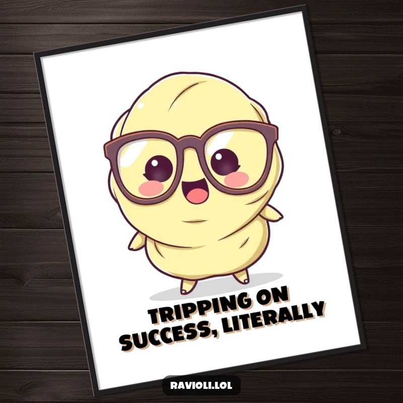 Funny Free Printable Ravioli Wall Art: A ravioli character with oversized glasses humorously stumbles, creating whimsical decor.