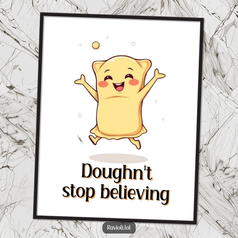 Funny Free Printable Wall Art: A happy ravioli joyfully doing cartwheels, with dough flying, adding playful energy to decor.