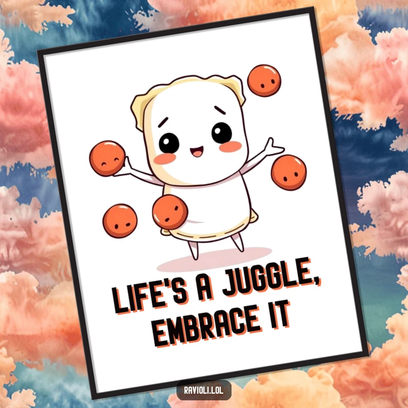 Funny Free Printable Wall Art depicting a ravioli character masterfully juggling three tiny, wiggling meatballs, adding a touch of playful art to your home.