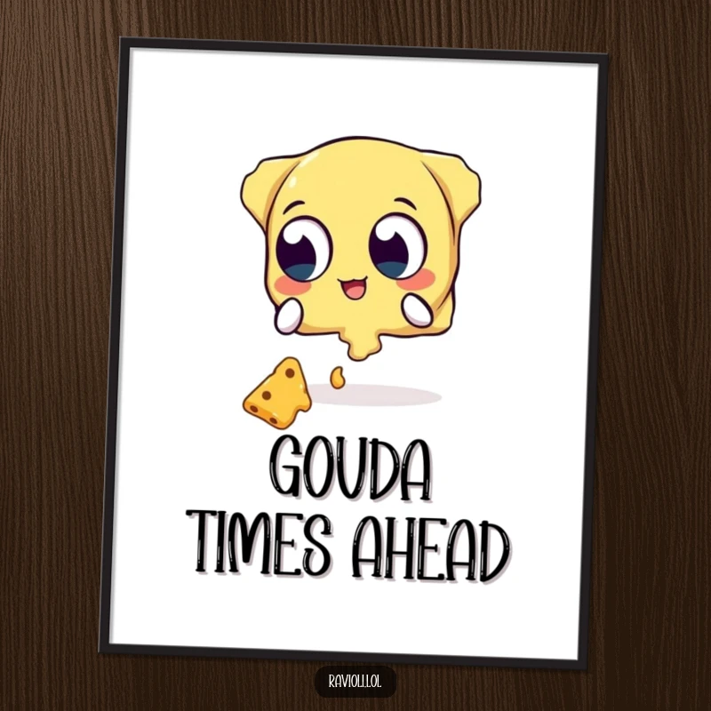 Funny Free Printable Wall Art: Ravioli character with wide eyes attempts to catch falling cheese, kitchen humor.