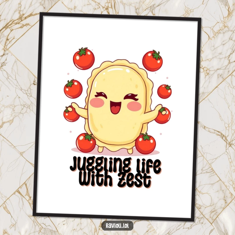 Funny Free Printable Wall Art: A winking ravioli juggles tiny tomatoes with a rosy cheek, adding playful charm to your space.