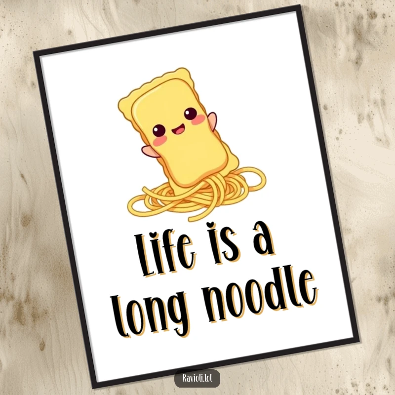 Funny Free Printable Wall Art: A playful ravioli character slides down a spaghetti strand, bringing cartoonish joy to any room, downloadable.