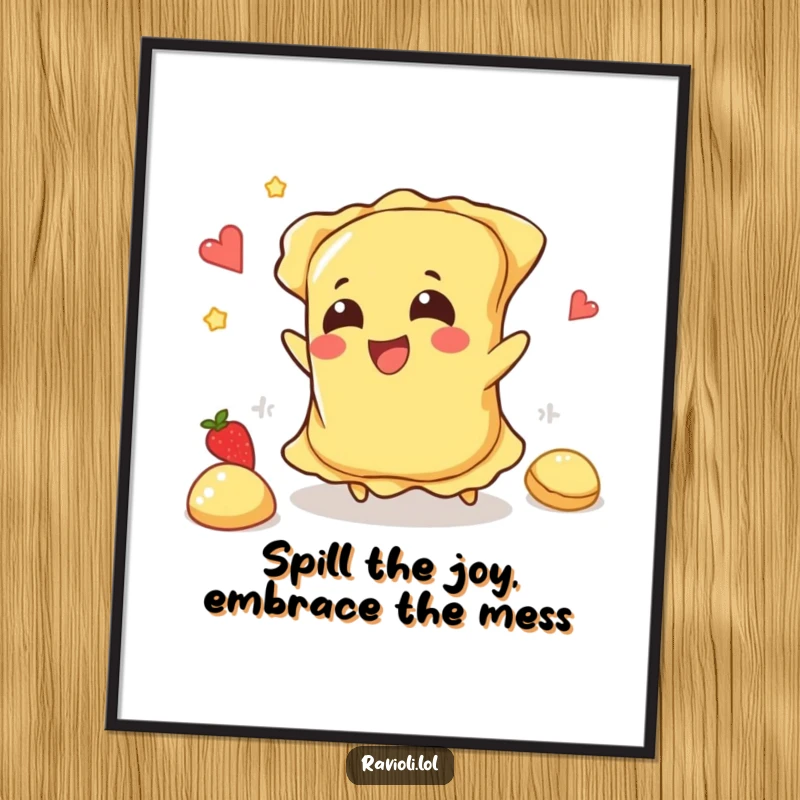 Funny Free Printable Wall Art: A ravioli character caught mid-trip, scattering its filling happily, a perfect piece of playful decor.
