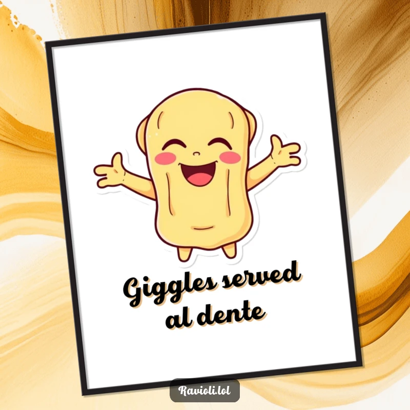 Funny Free Printable Ravioli Wall Art: A ravioli character beams with laughter, arms outstretched in a joyful, vibrant display.